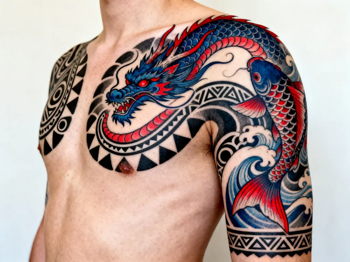 Rozbudowana kompozycja tatuażu inspirowana irezumi oraz wzorami polinezyjskimi