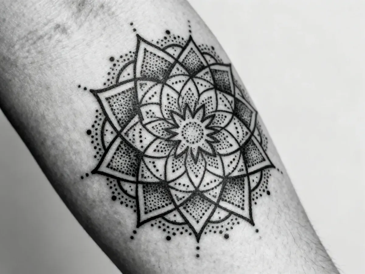 Geometryczne tatuaże wykonane z precyzyjnych linii i cieniowania dotwork