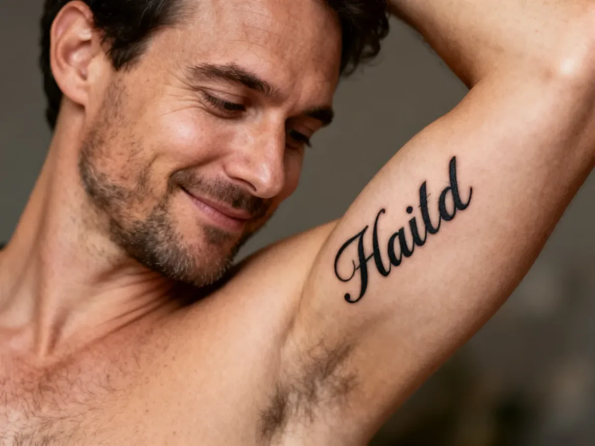 Father admiring a meaningful tattoo dedicated to his child