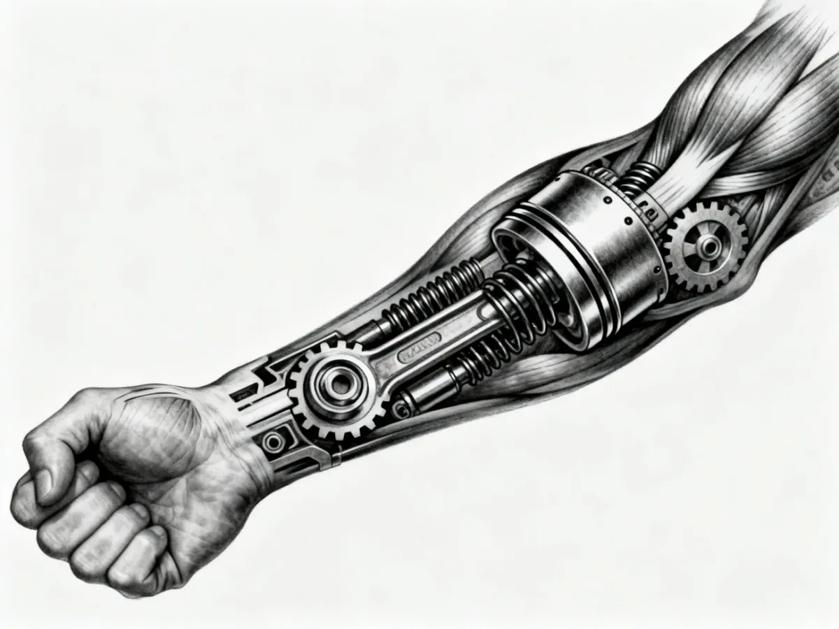 Realistyczny tatuaż biomechaniczny łączący anatomię z mechanicznymi elementami