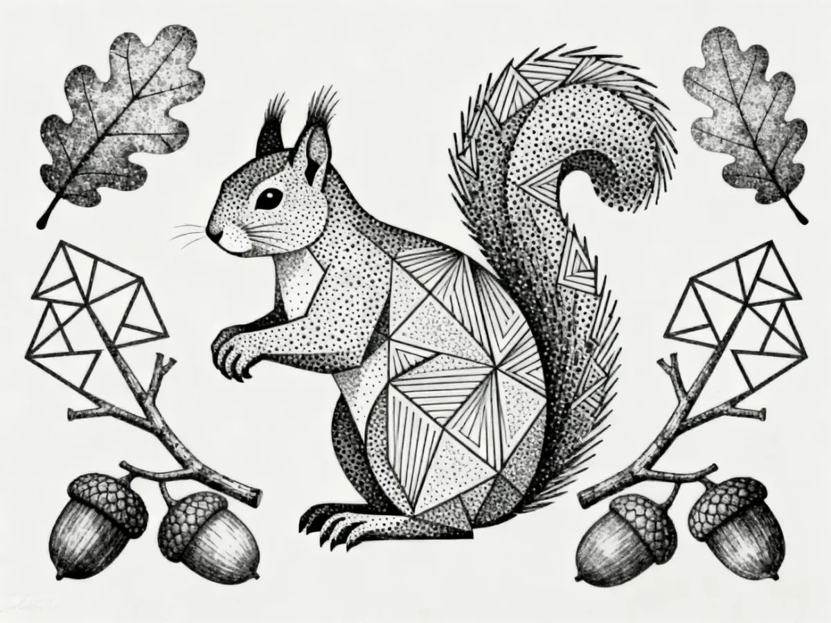 Geometryczna wiewiórka wykonana techniką dotwork z liśćmi dębu i żołędziami