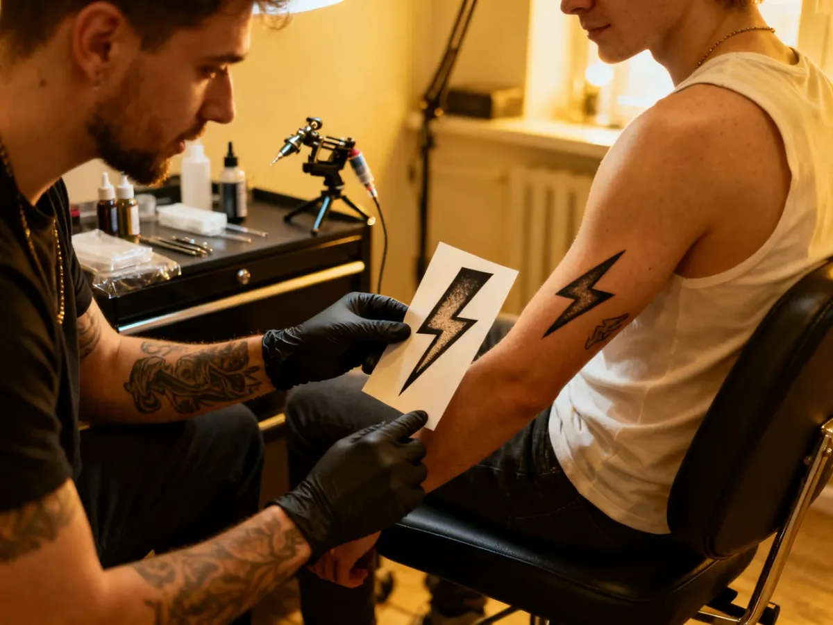 Tattoo artist and client discussing a lightning bolt design