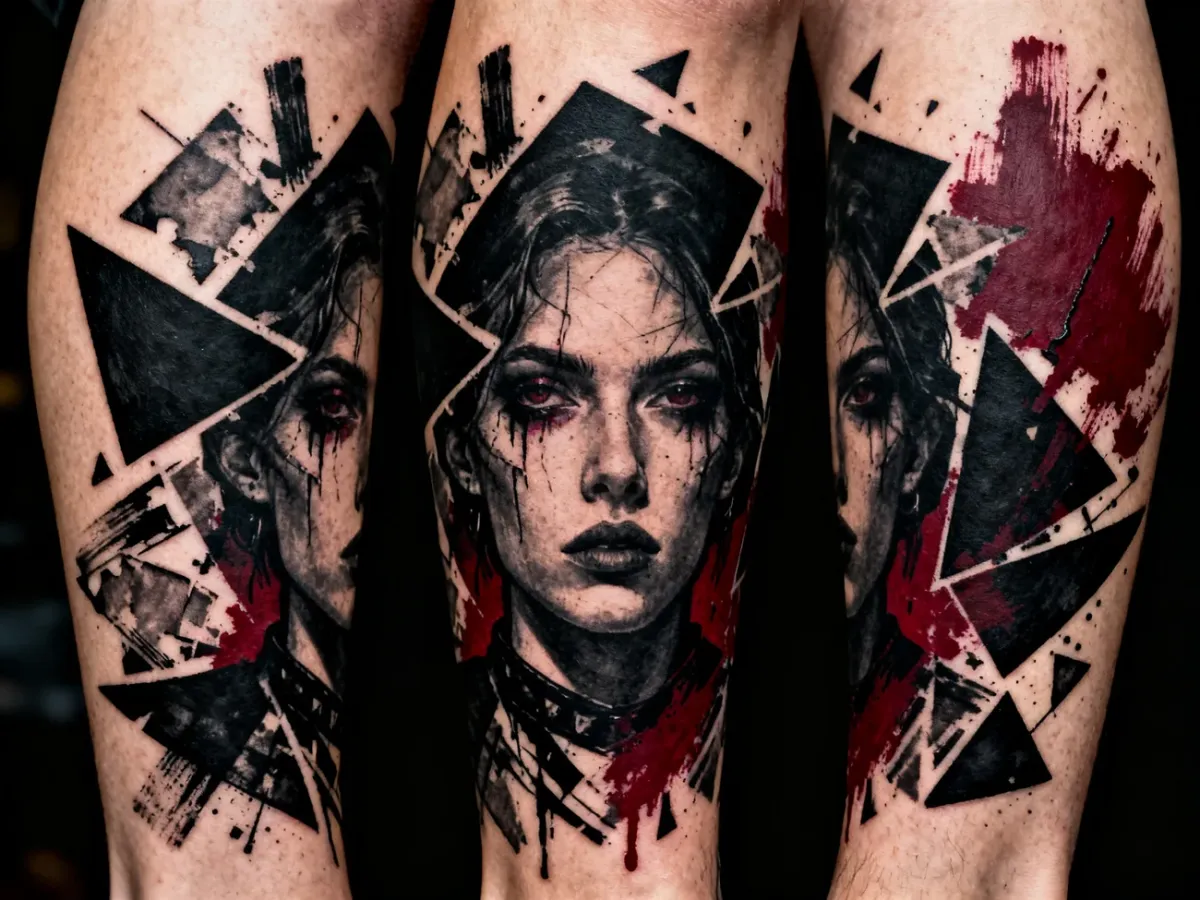 Kontrastowy tatuaż blackwork w stylistyce Trash Polka z czernią i czerwienią