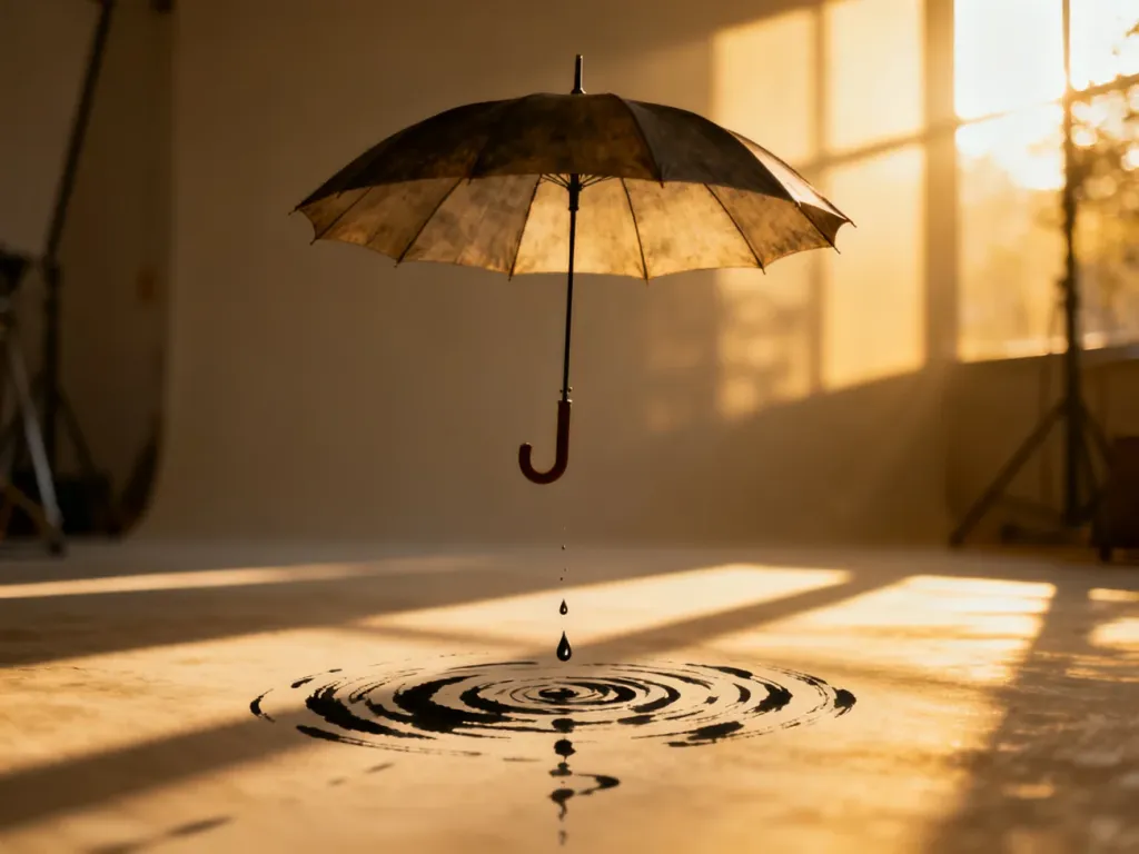 Minimalistyczny tatuaż przedstawiający otwarty parasol w stylu vintage z delikatnymi kroplami deszczu w ciepłym świetle.