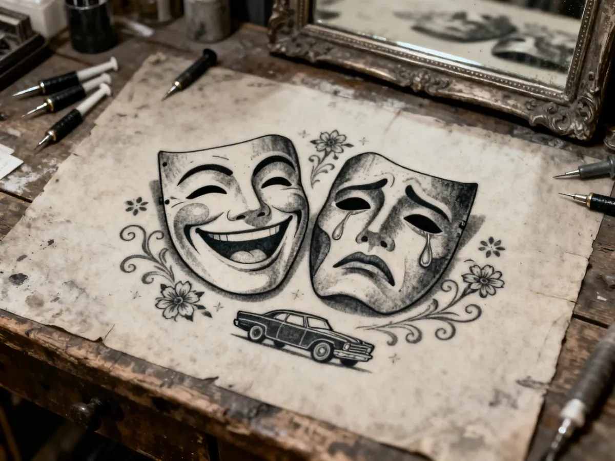 Dwie kontrastowe maski teatralne w czarno-szarej estetyce chicano