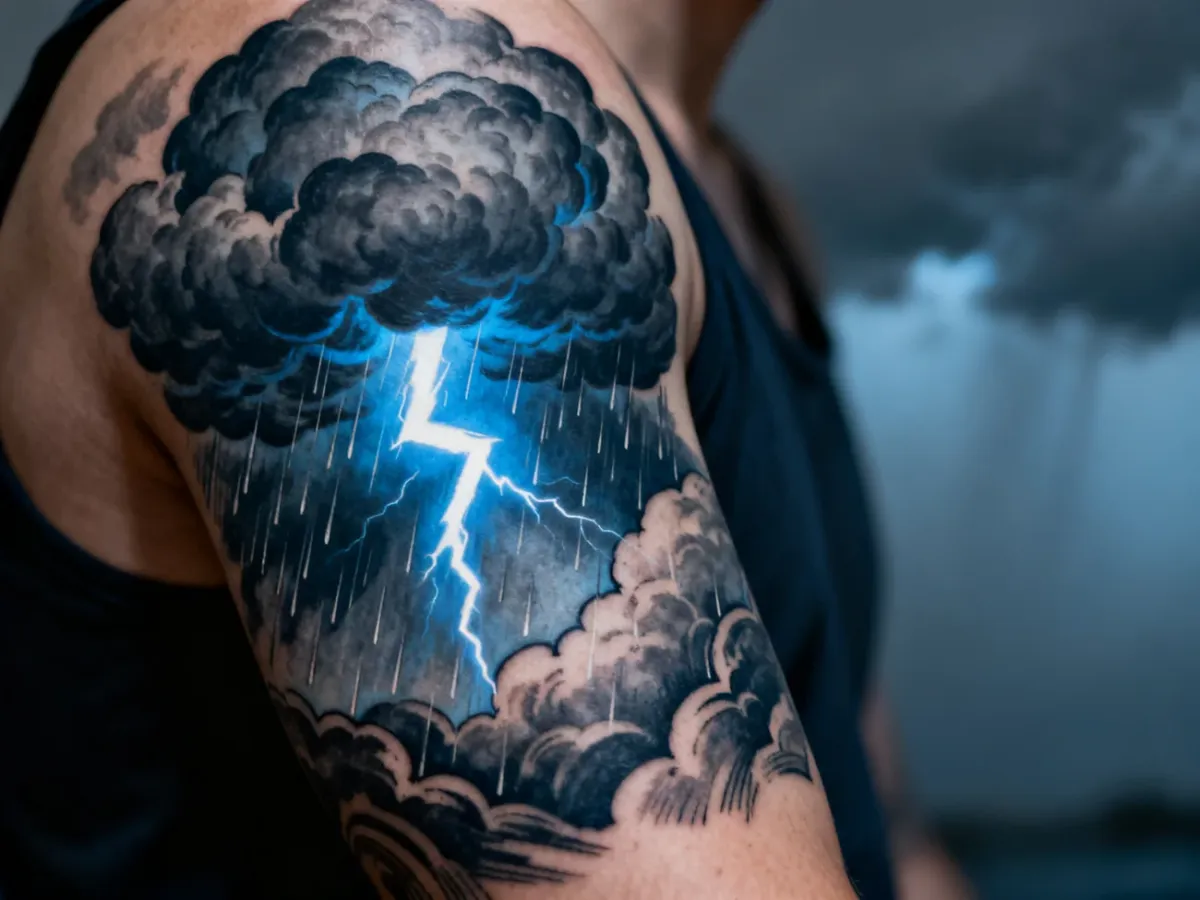 Detailed lightning tattoo with storm clouds on an upper arm