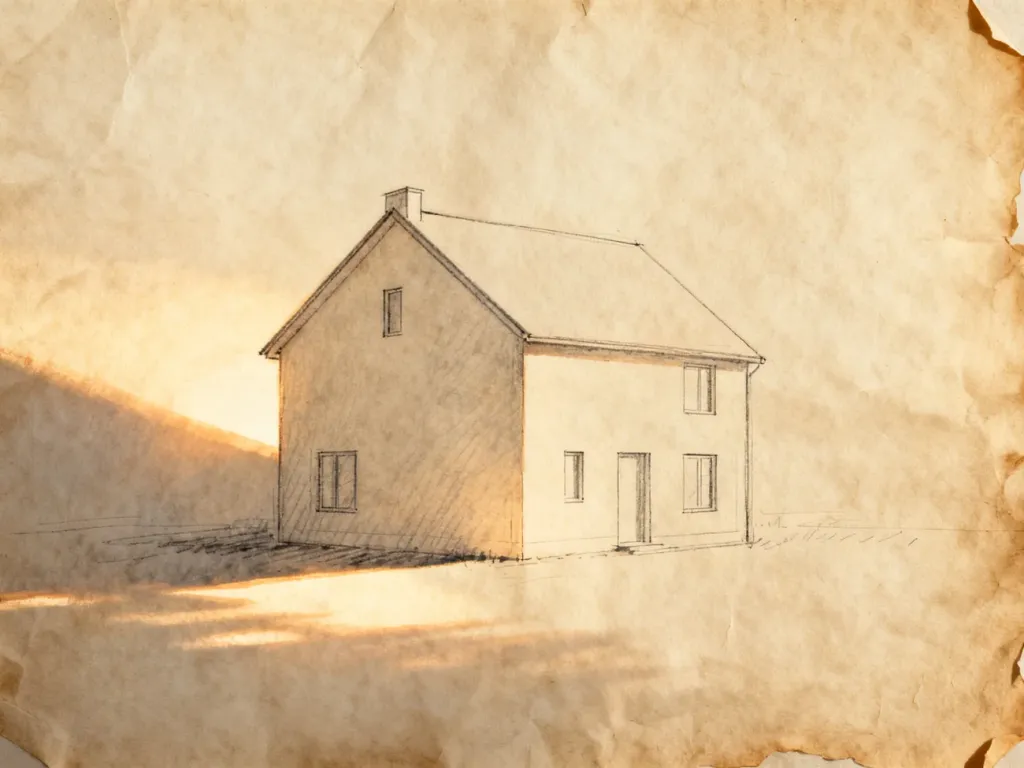 Minimalistyczny szkic przytulnego domu na postarzanym papierze, symbolizujący ciepło i nostalgię domowego ogniska.