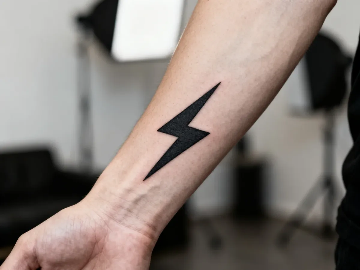 Minimalist black lightning bolt tattoo on a forearm