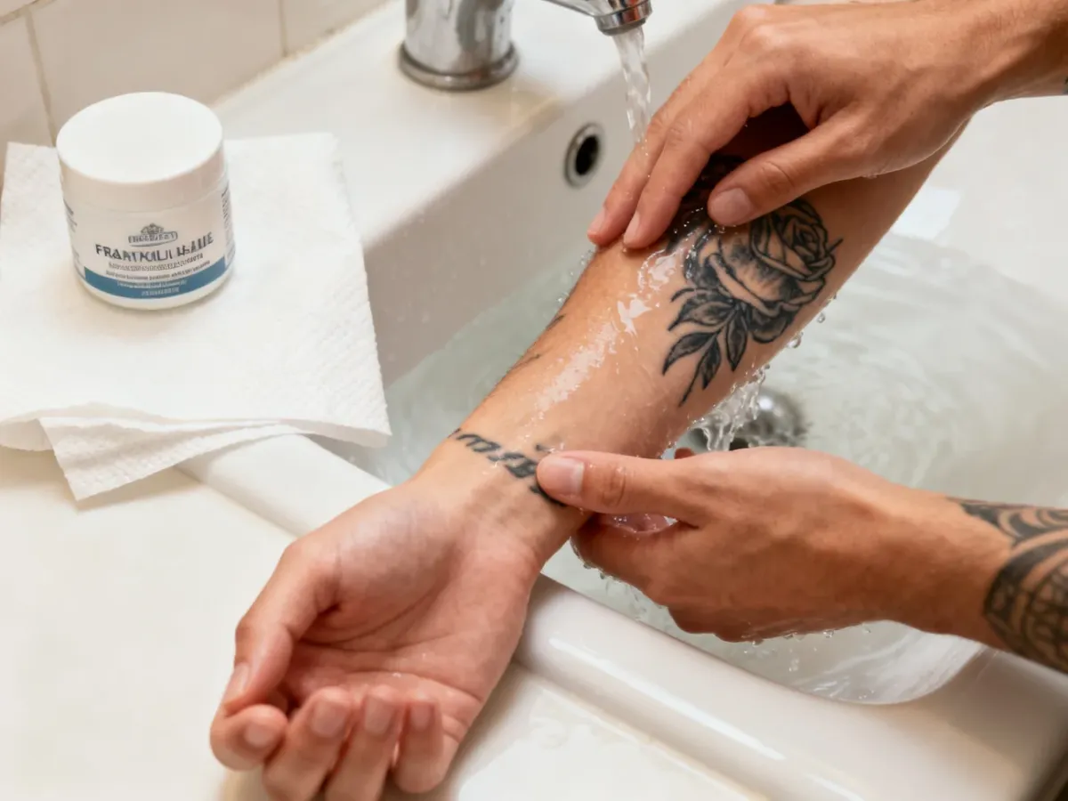 Delikatne mycie świeżego tatuażu na przedramieniu