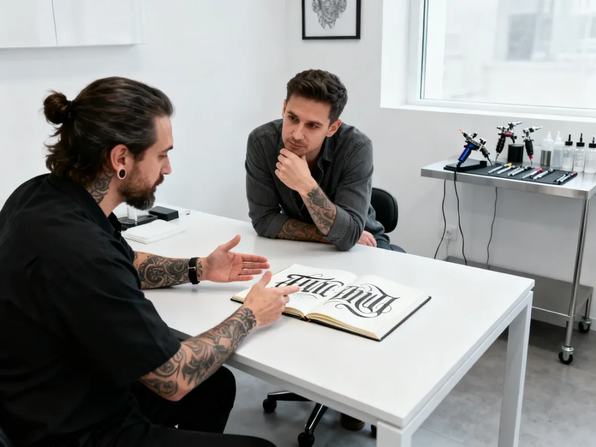 Tattoo artist consulting with a father about a personalized lettering design