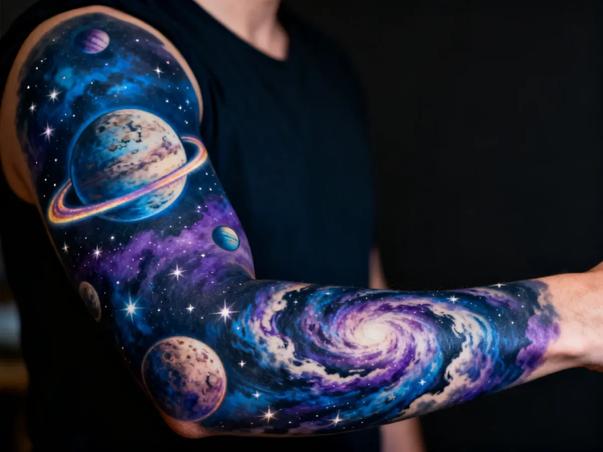 Realistyczny kosmiczny rękaw z planetami i galaktyką
