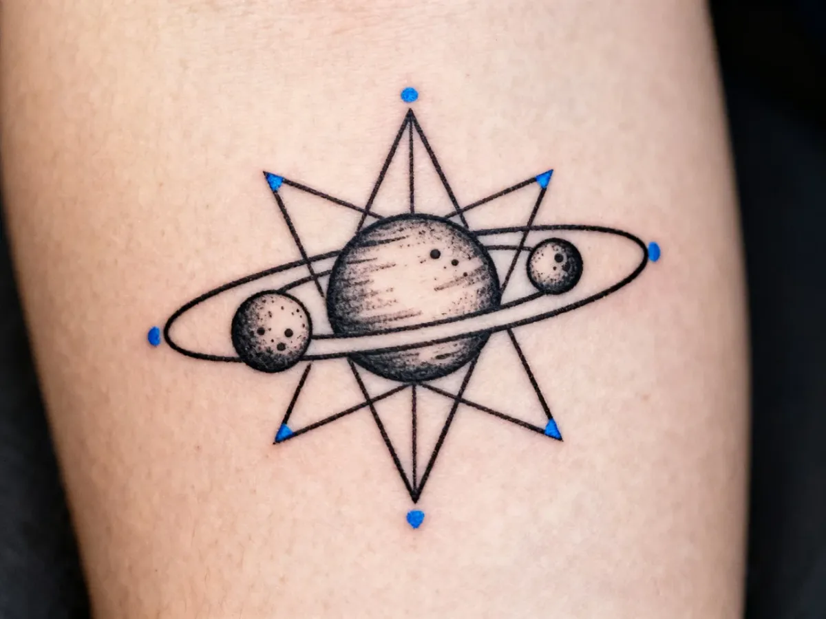 Geometryczny tatuaż kosmiczny z planetami i orbitami