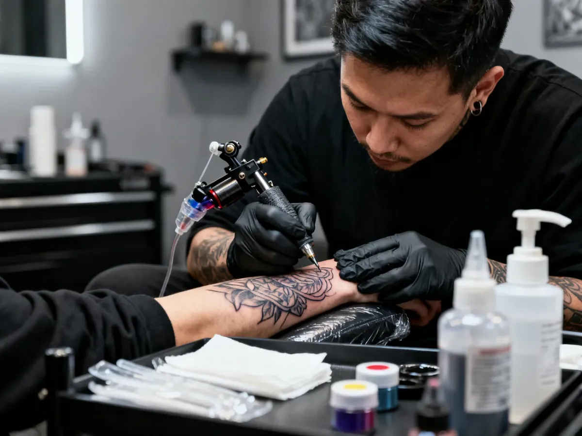 Tatuator wykonujący szczegółowy tatuaż w sterylnym studio