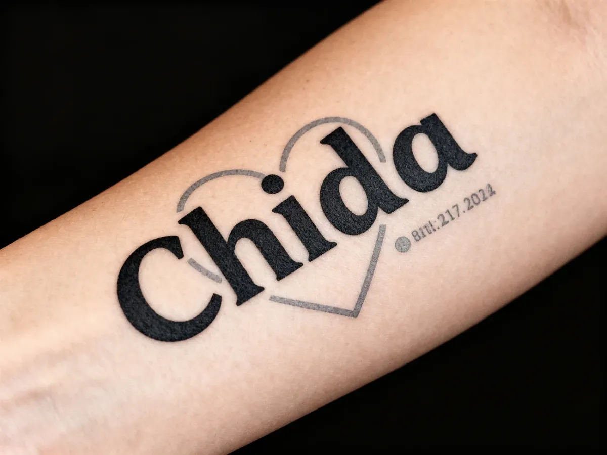 Minimalist masculine tattoo design combining a child’s name with a small heart and date motif