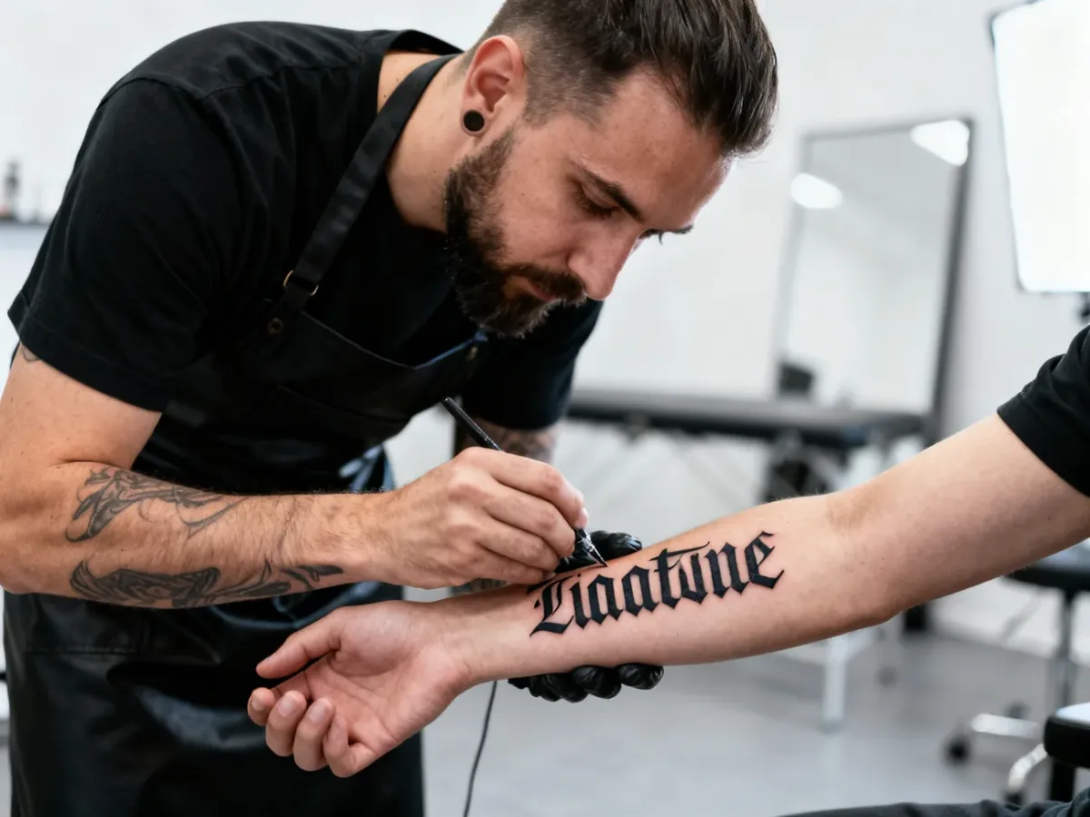 Tattoo artist examining the clarity of a healed lettering tattoo