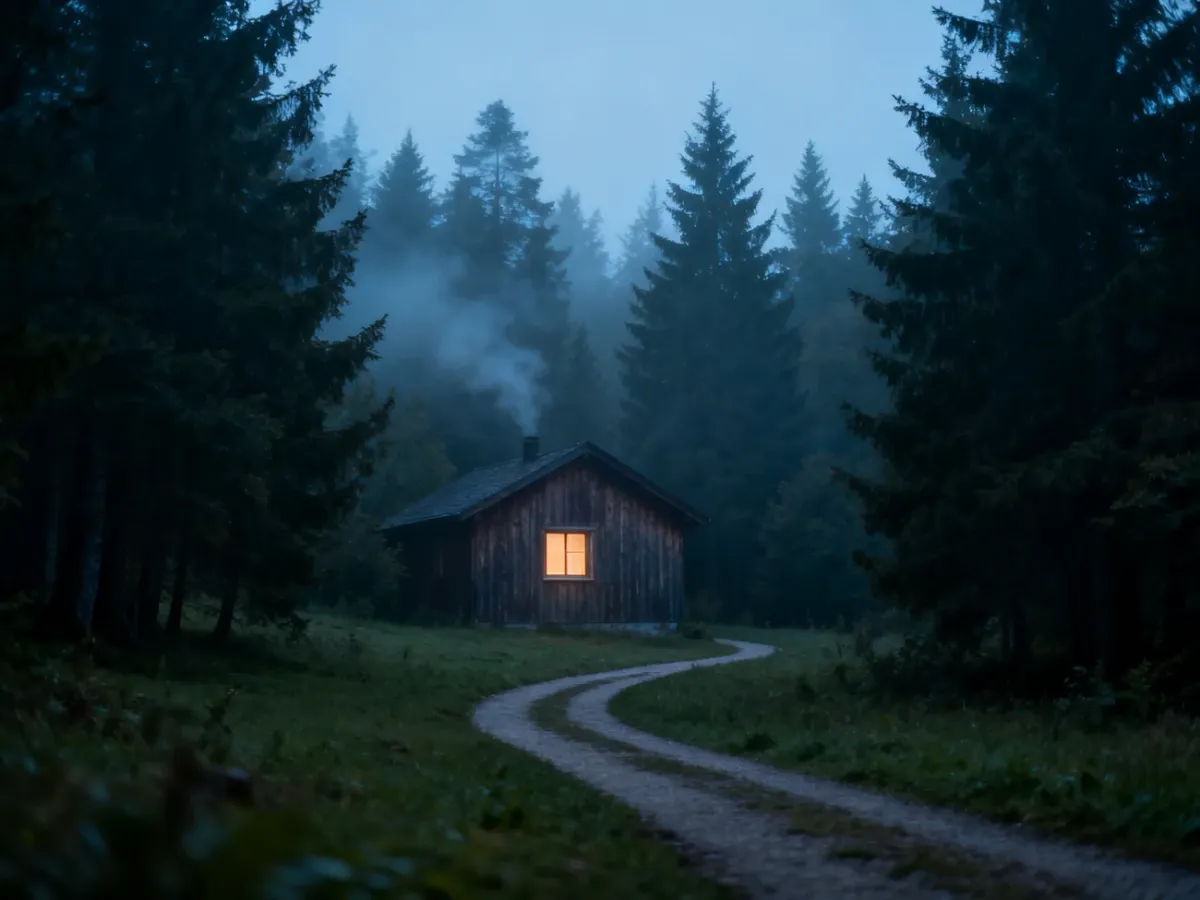 Samotna leśna chata ze ścieżką i światłem w oknie