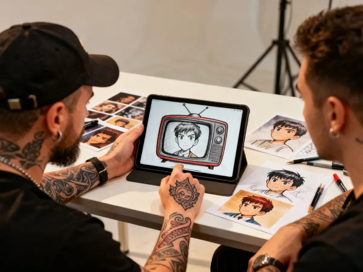 Tatuator omawiający z klientem projekt tatuażu postaci serialowej