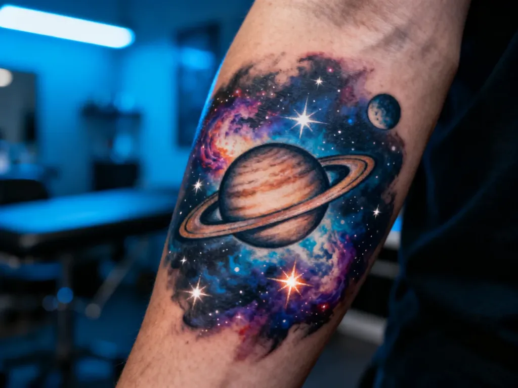 Zbliżenie na realistyczny tatuaż z motywem kosmosu, przedstawiający barwną mgławicę, gwiazdy oraz planetę Saturn.