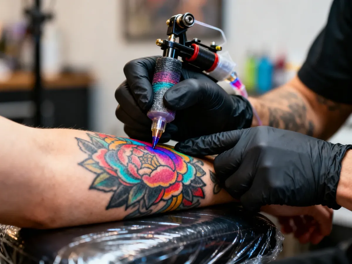 Tatuator odświeżający kolorowy tatuaż w studiu