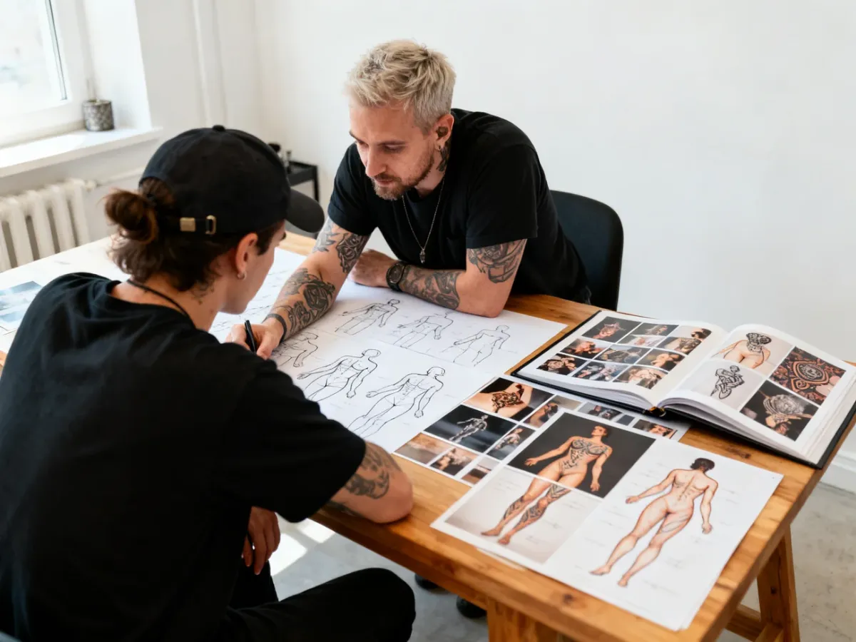 Konsultacja klienta z tatuatorem przed wykonaniem tatuażu
