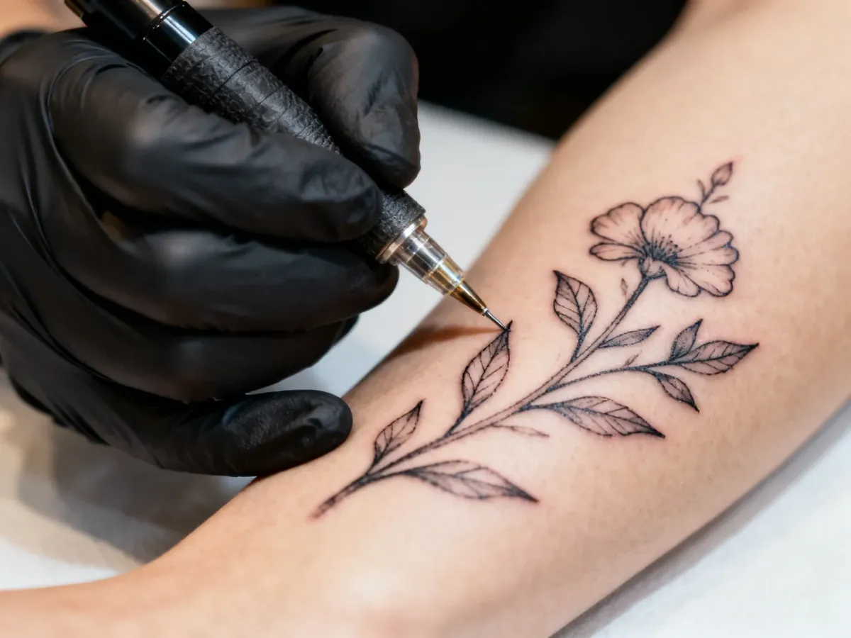 Tatuator wykonujący delikatny tatuaż w stylu fineline