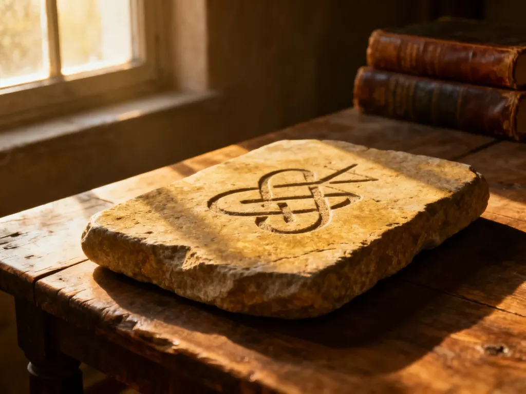 Starożytna kamienna tablica z symbolami na drewnianym stole w bibliotece, nawiązująca do historycznych tekstów i tradycji.