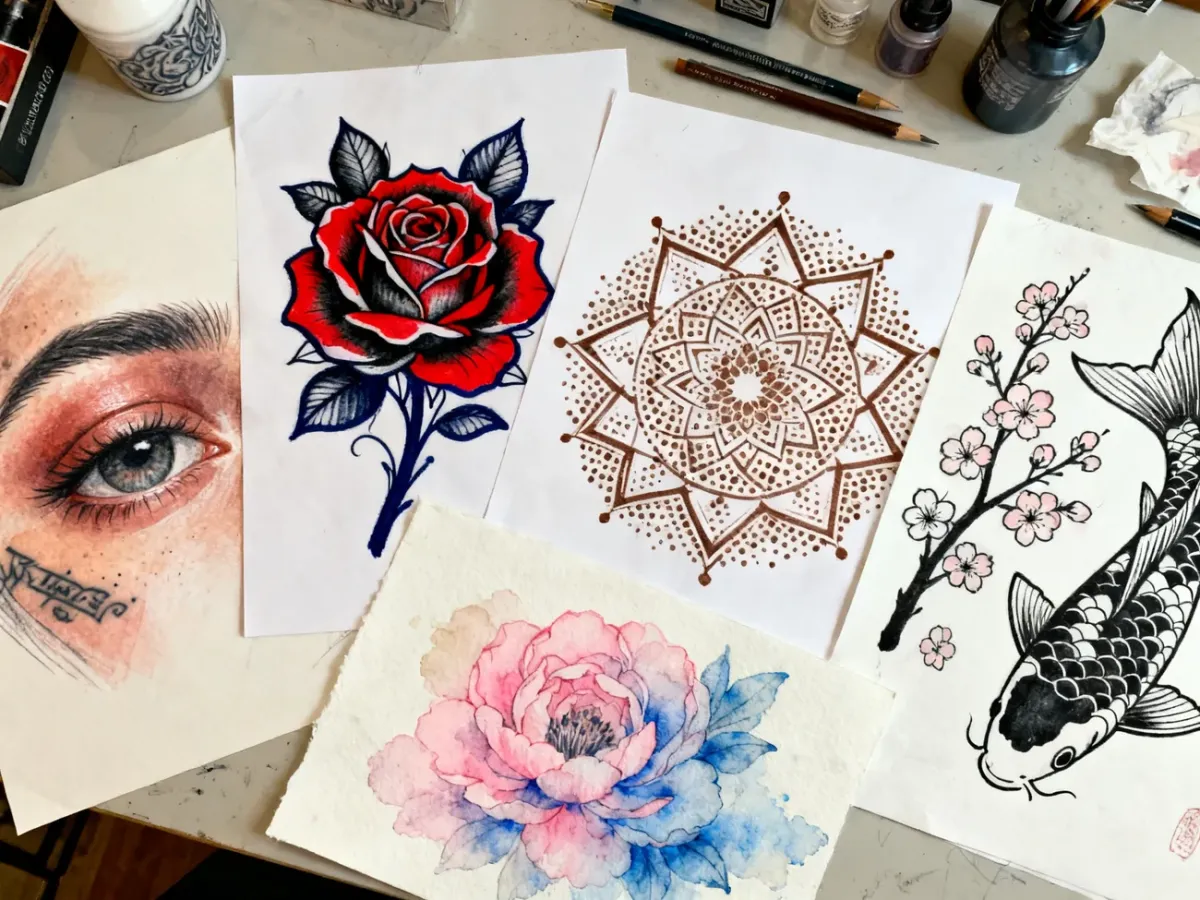 Różne style tatuowania przedstawione w pracowni artystycznej