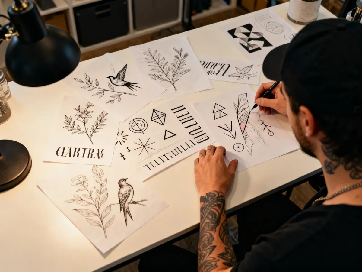 Artysta tatuator omawiający z klientem indywidualny projekt tatuażu